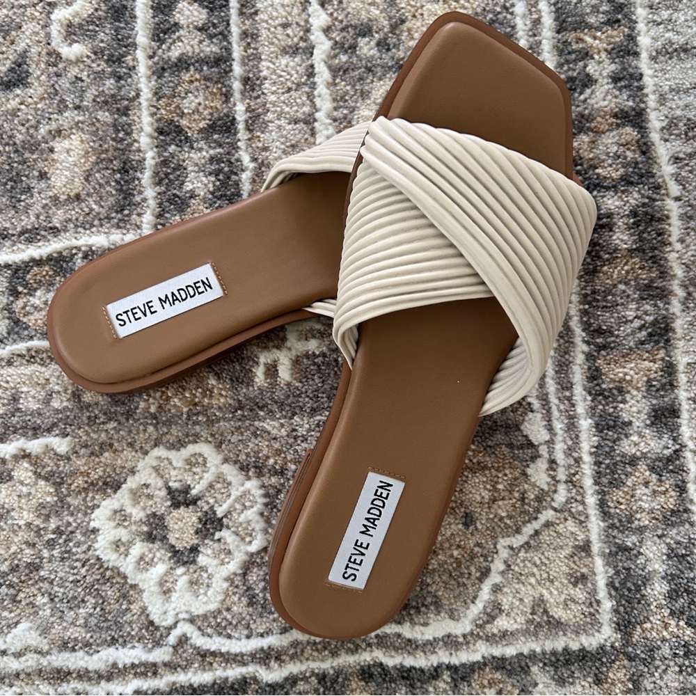 Steve Madden Cream and Brown Braided Slide Sandals